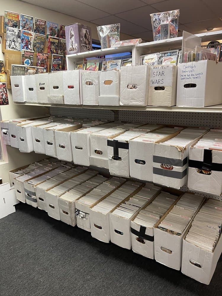 Back issue boxes organized by series including Star Wars