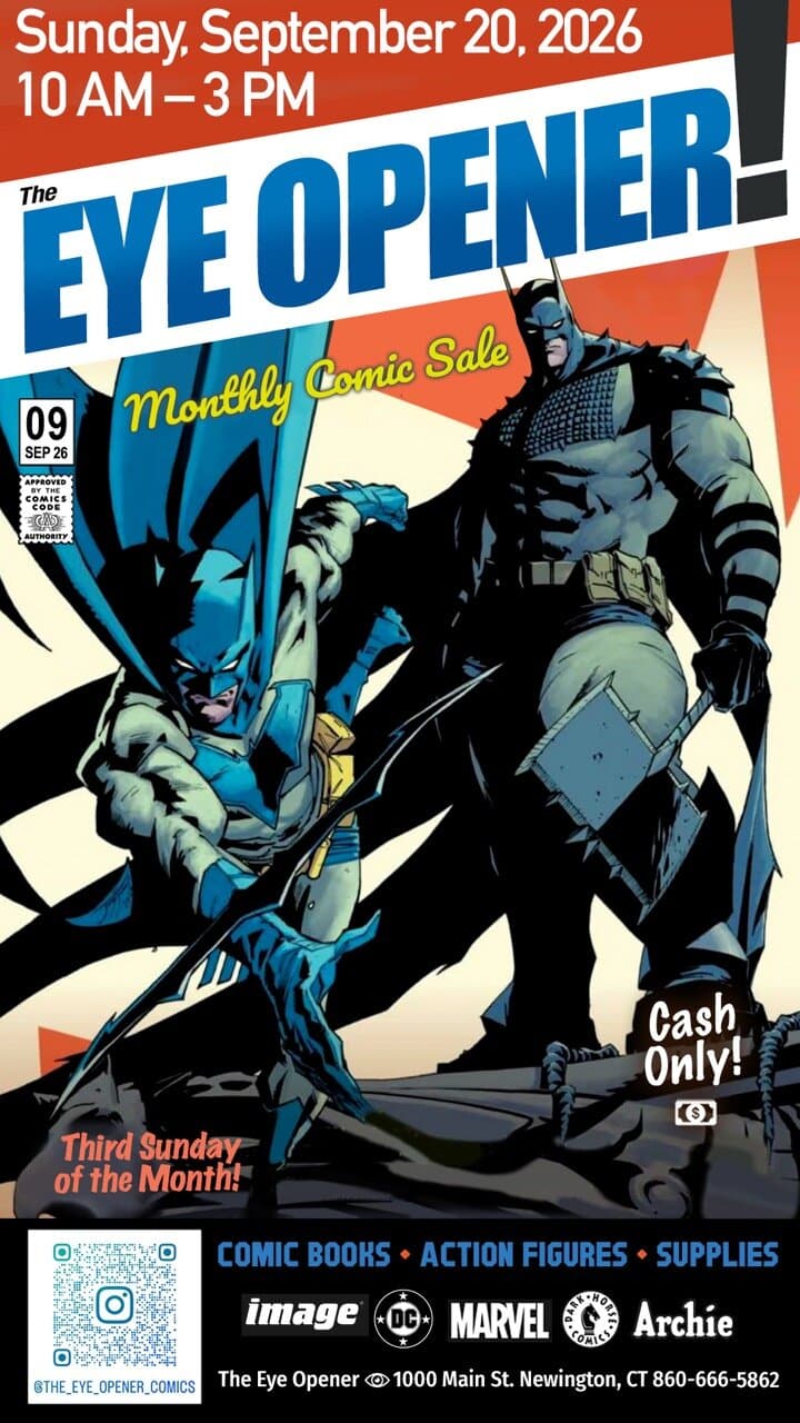 September 20, 2026 monthly comic sale poster featuring two Batman figures; 10 AM–3 PM, cash only
